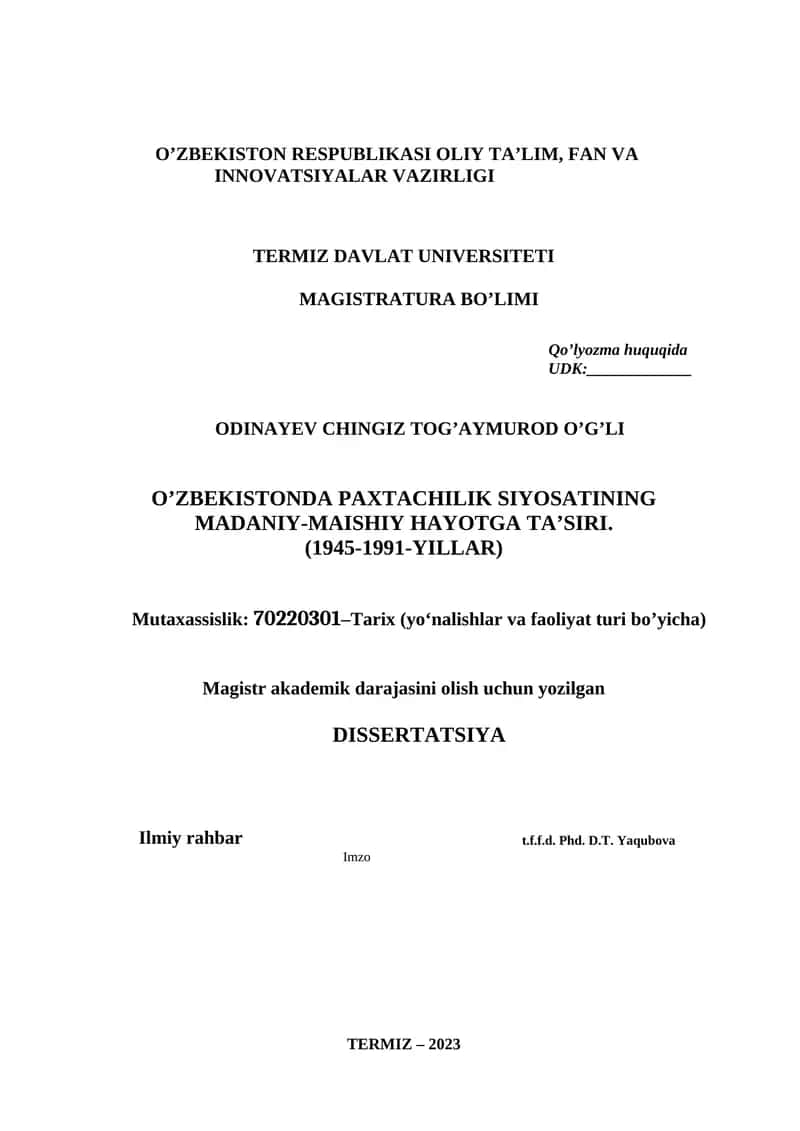 Magistrlik dissertatsiyasi mavzusi Termiz davlat universiteti rektorining 2021-yil ____________sonli buyrug’i asosida tasdiqlangan 1