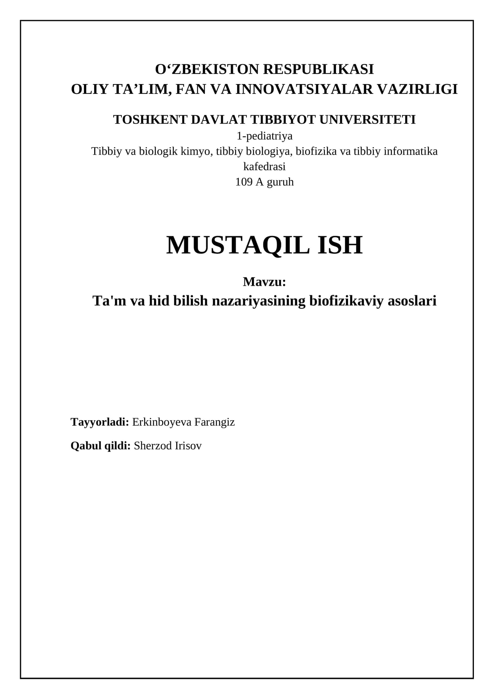 Ta'm va hid sezishning biofizik asoslari 1