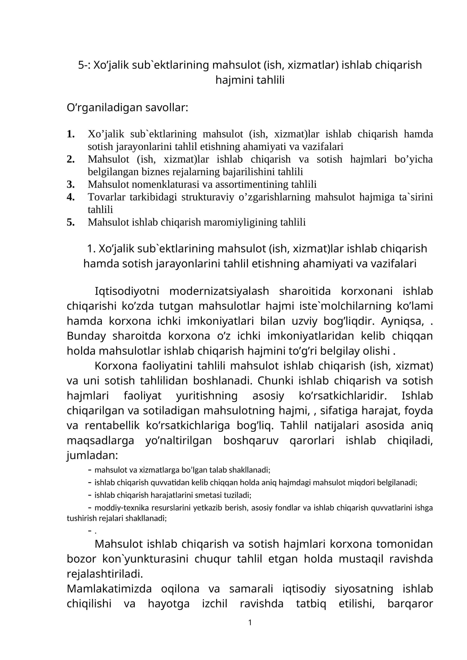 Xo’jalik sub`ektlarining mahsulоt (ish, xizmatlar) ishlab chiqarish hajmini tahlili 1
