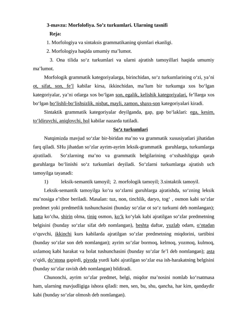 Morfolofiya. So’z turkumlari. Ularning tasnifi 1