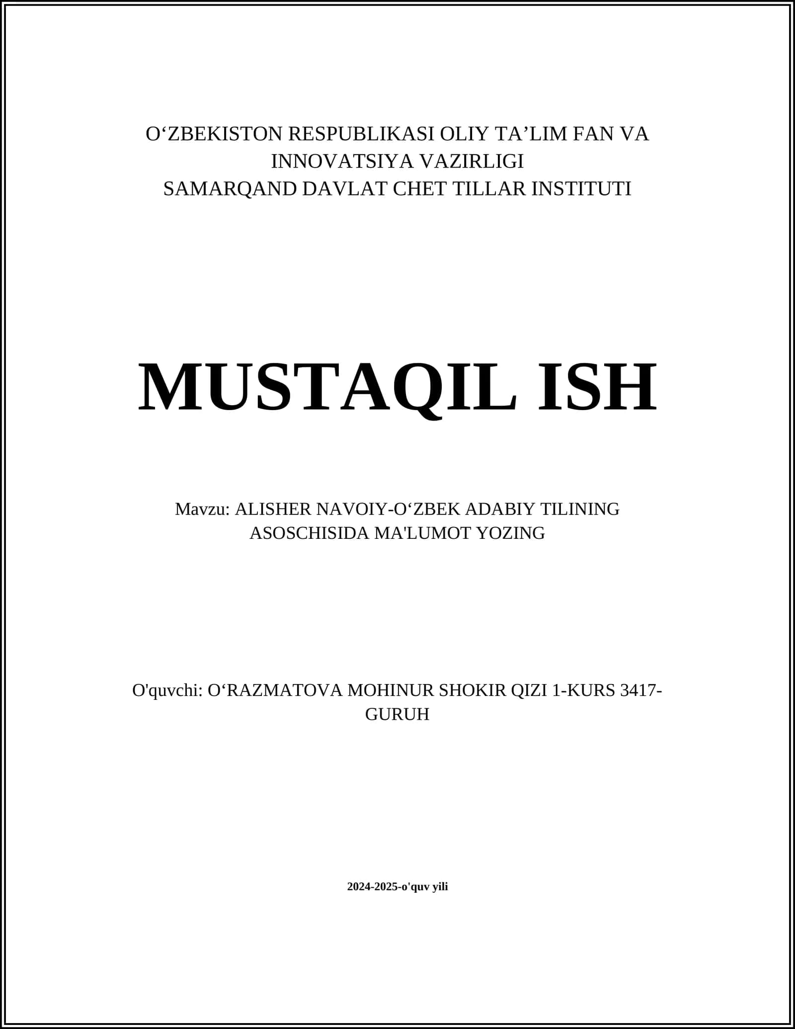 ALISHER NAVOIY-O‘ZBEK ADABIY TILINING ASOSCHISIDA MA'LUMOT YOZING 1