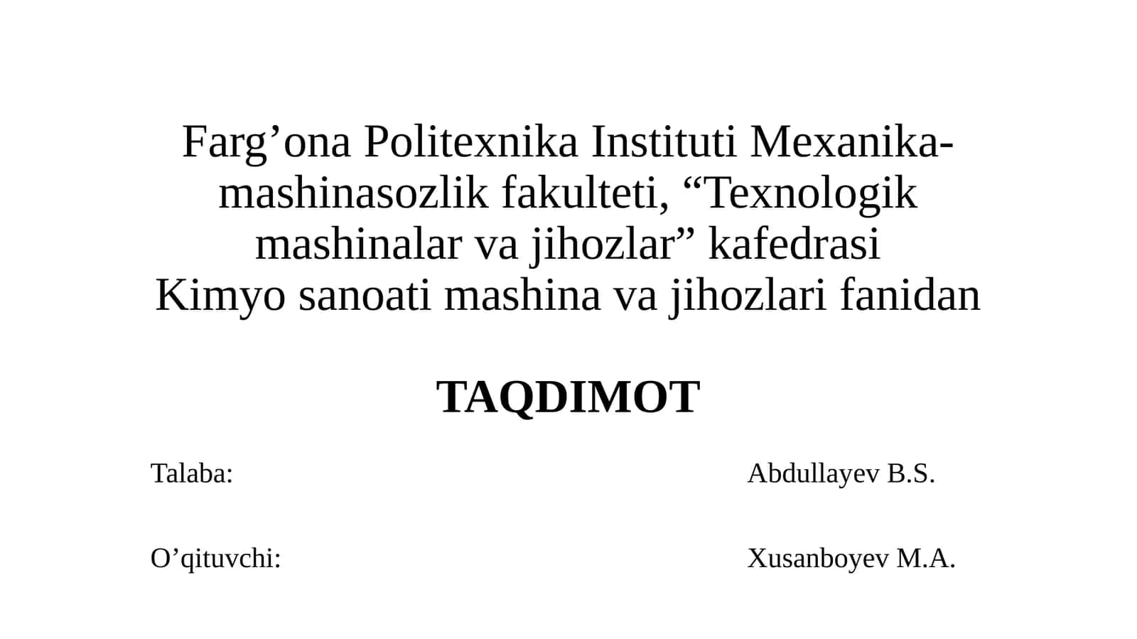 Texnologik mashinalar va jihozlar 1