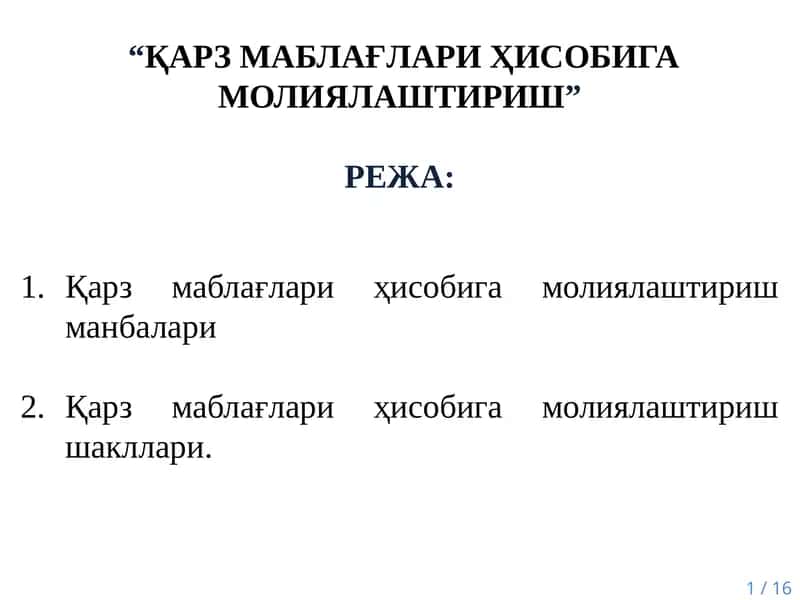 Қарз маблағлари ҳисобига молиялаштириш 1