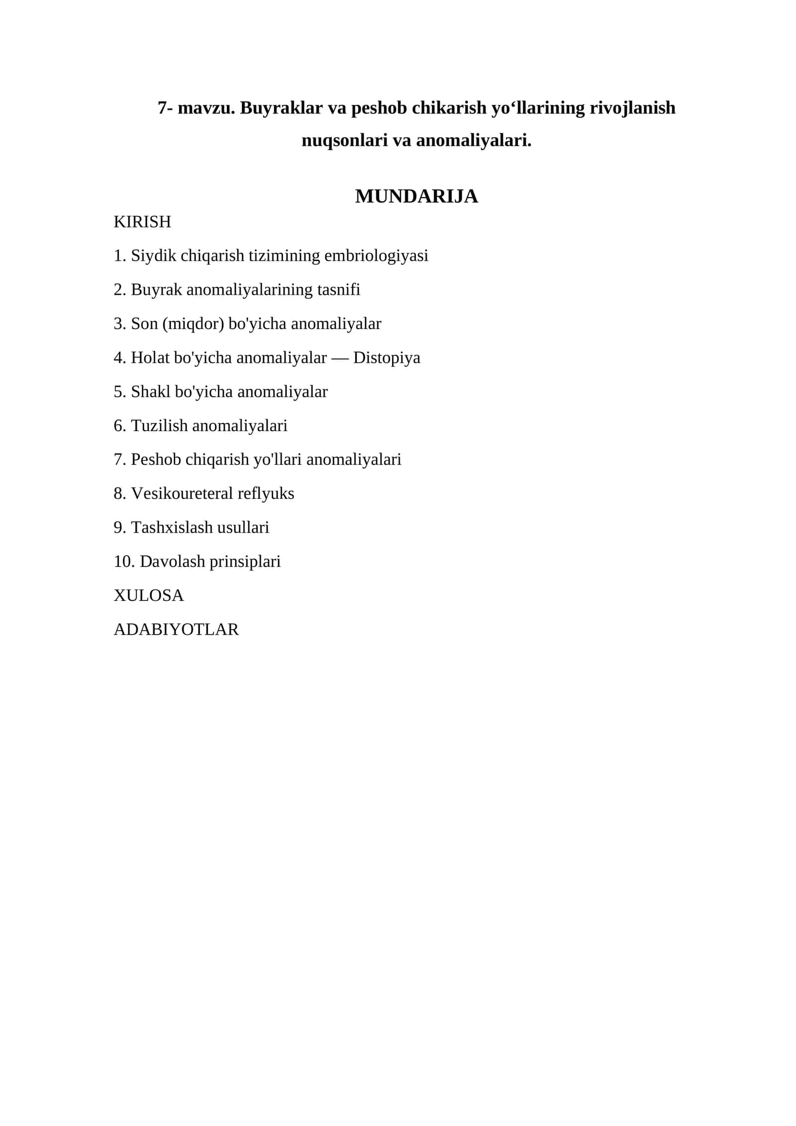 Buyraklar va peshob chikarish yoʻllarining rivojlanish nuqsonlari va anomaliyalari. 1