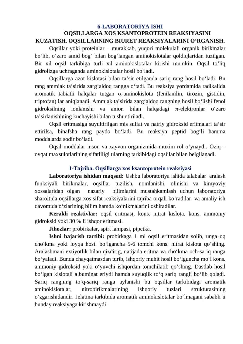 OQSILLARGA XOS KSANTOPROTEIN REAKSIYASINI KUZATISH. OQSILLARNING BIURET REAKSIALARINI O‘RGANISH 1