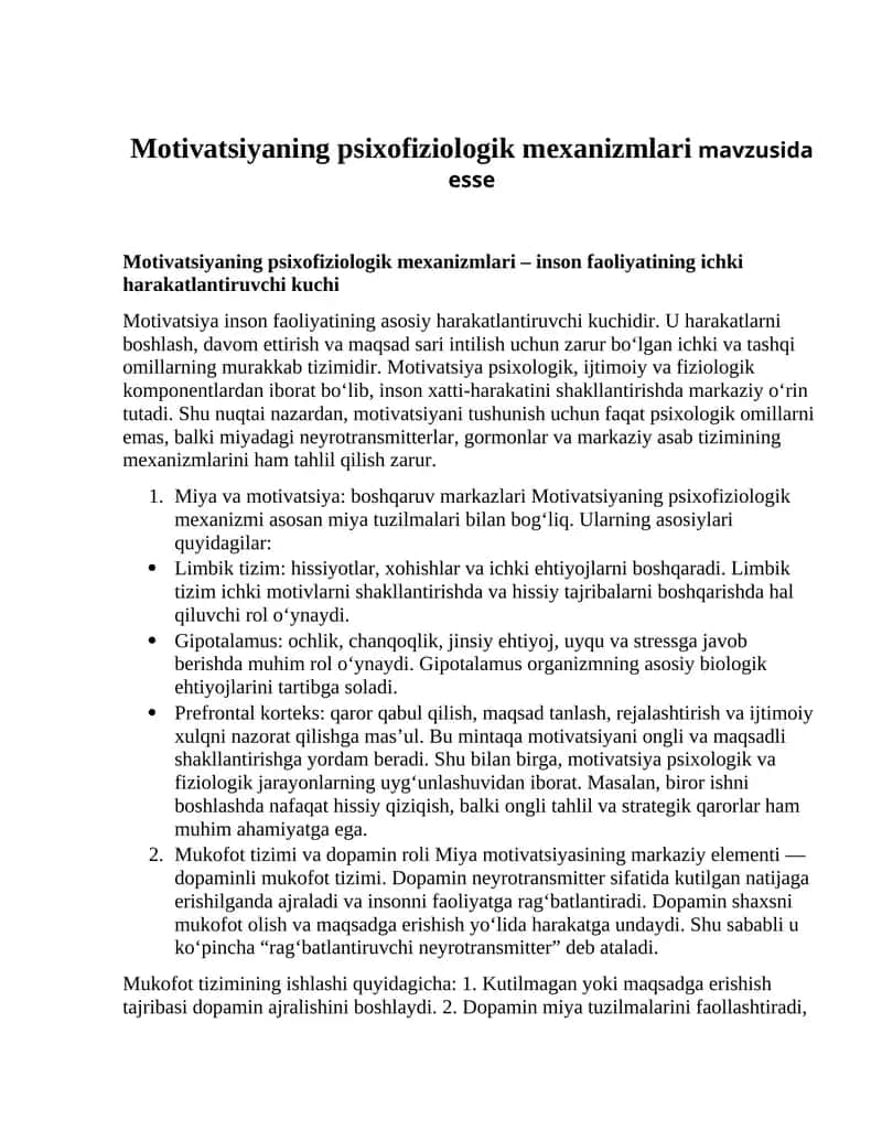 Motivatsiyaning psixofiziologik mexanizmlari mavzusida esse 1