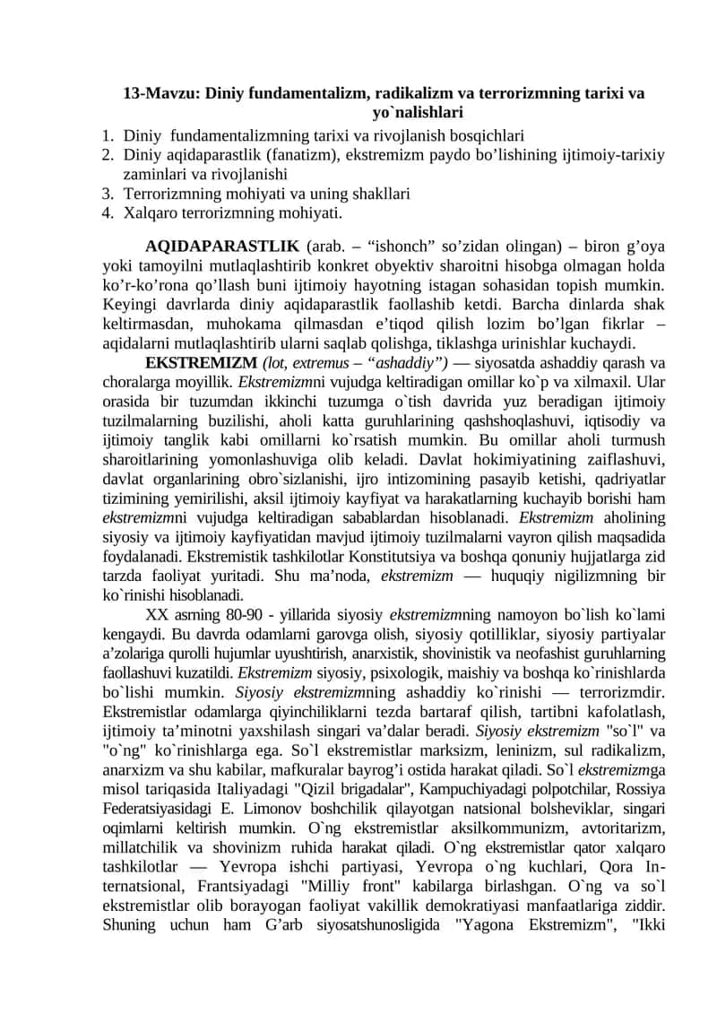 Diniy fundamentalizm, radikalizm va terrorizmning tarixi va yo`nalishlari 1