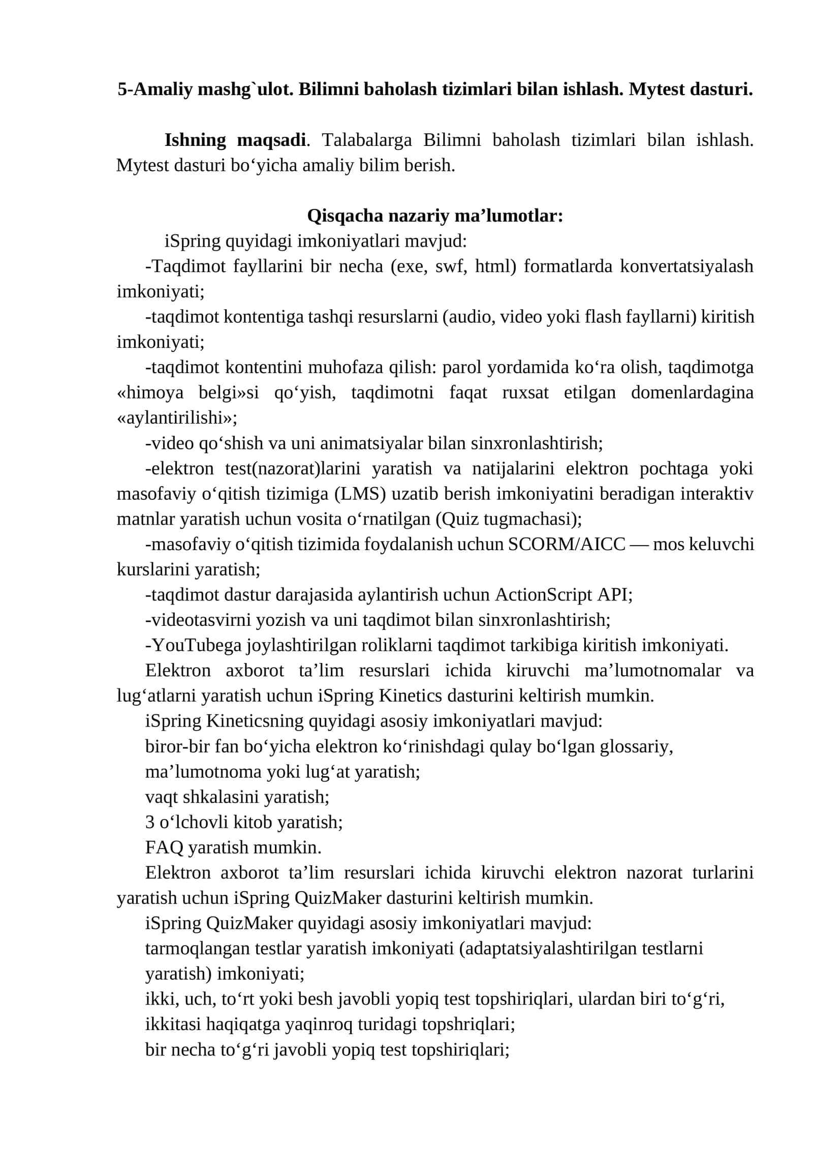 5-Amaliy mashg`ulot. Bilimni baholash tizimlari bilan ishlash. Mytest dasturi 1