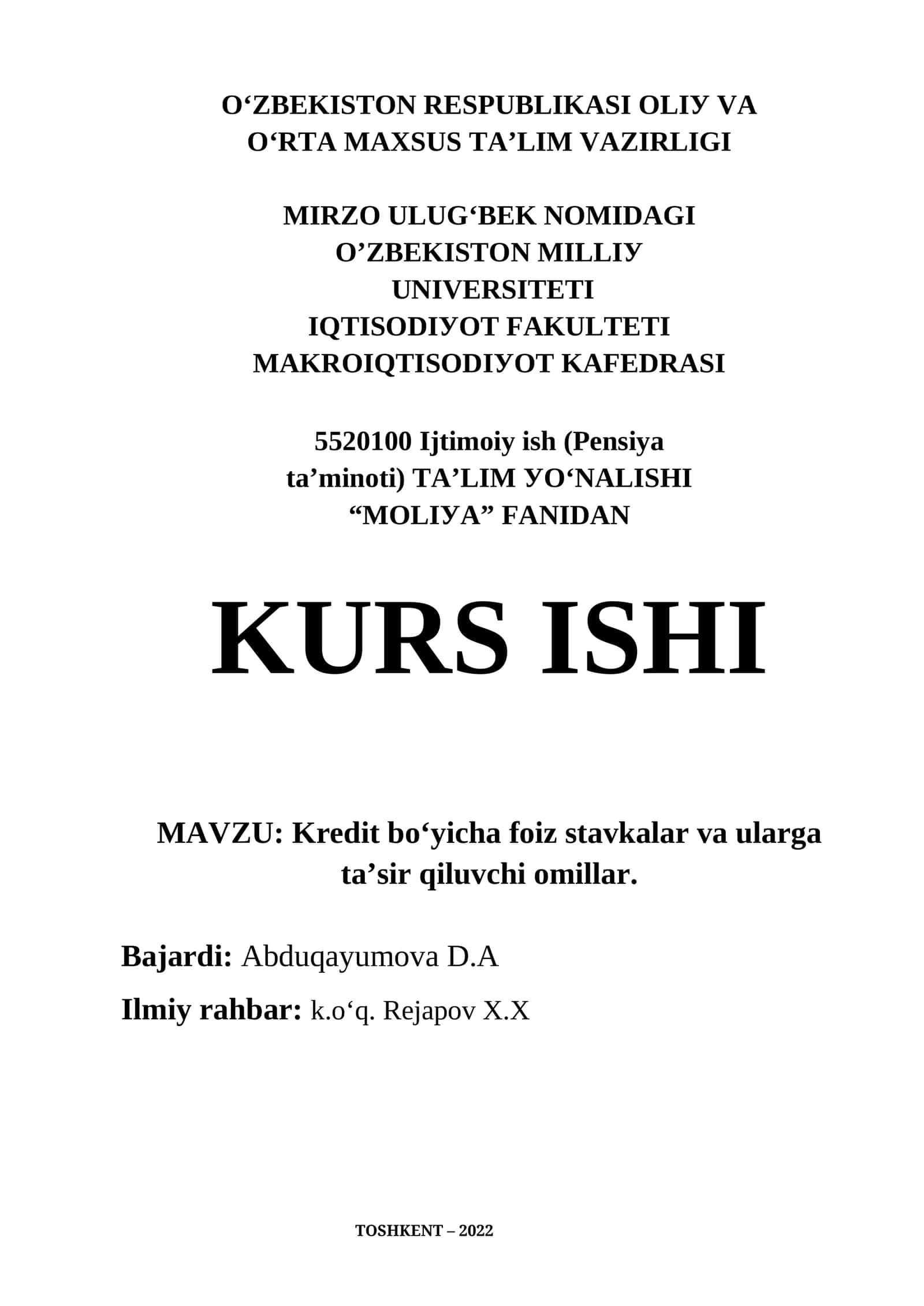 5520100 Ijtimoiy ish (Pensiya toʻminoti) Talim yo'nalishi "Moliya" fanidan KURS ISHI 1
