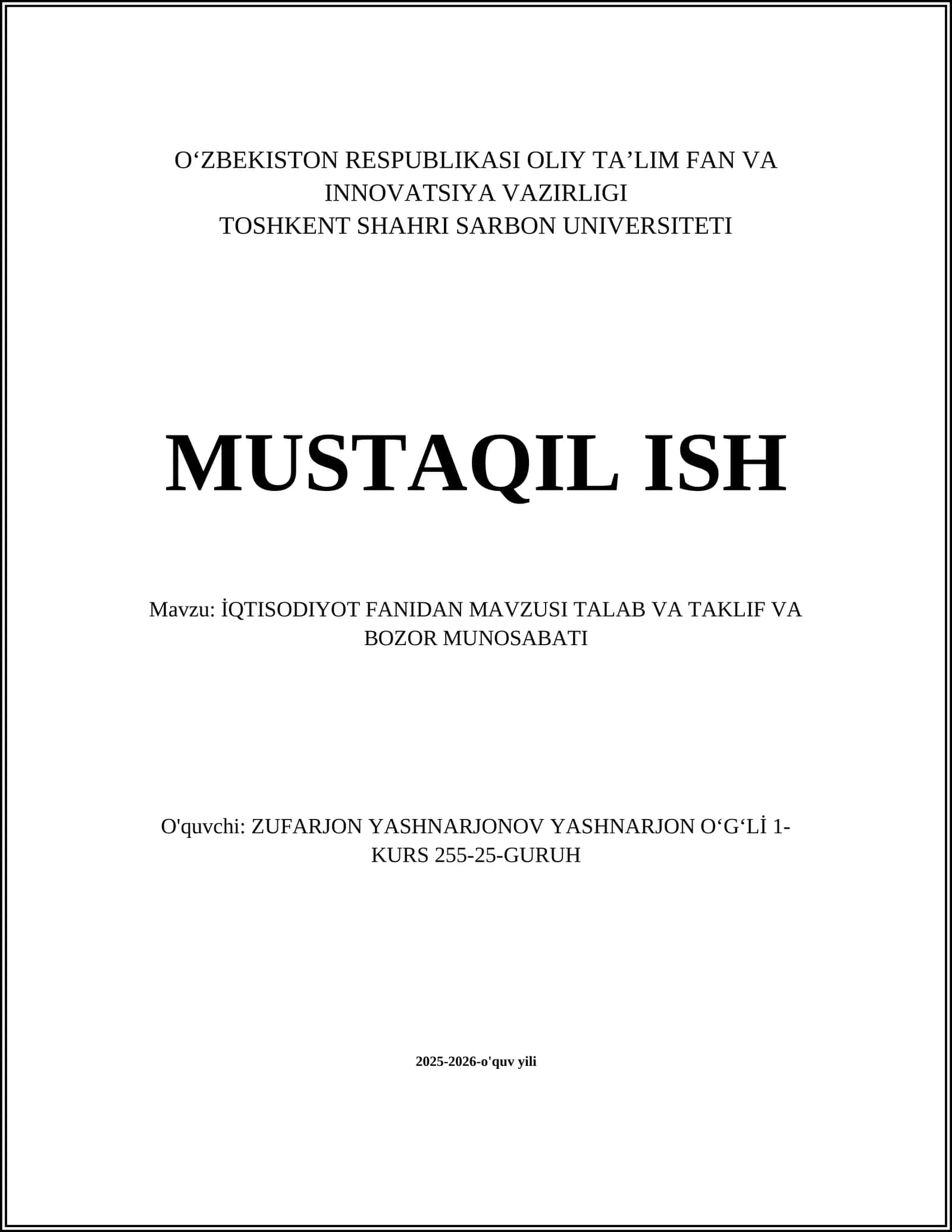 İQTISODIYOT FANIDAN MAVZUSI TALAB VA TAKLIF VA BOZOR MUNOSABATI 1