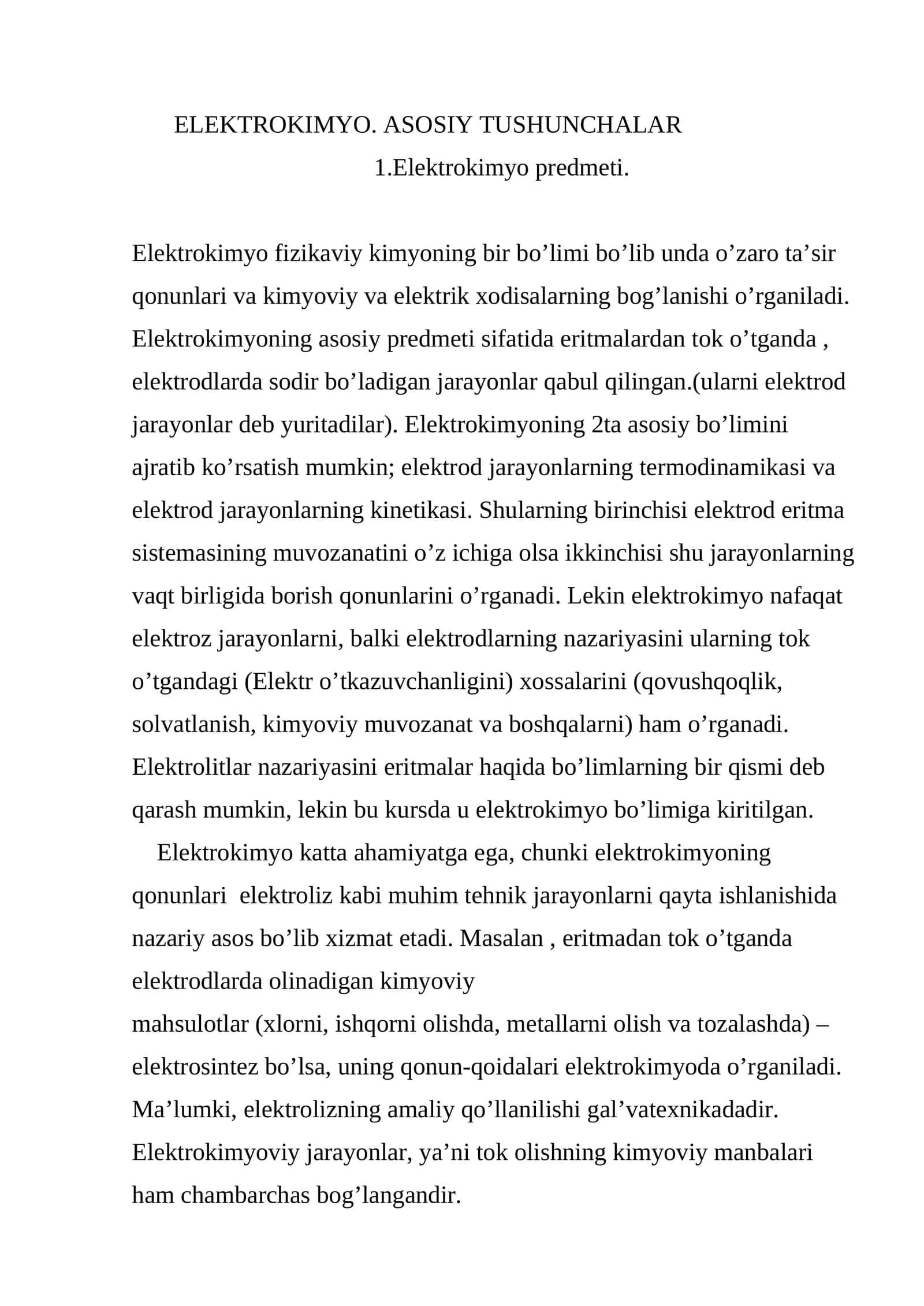 ELEKTROKIMYO. ASOSIY TUSHUNCHALAR 1