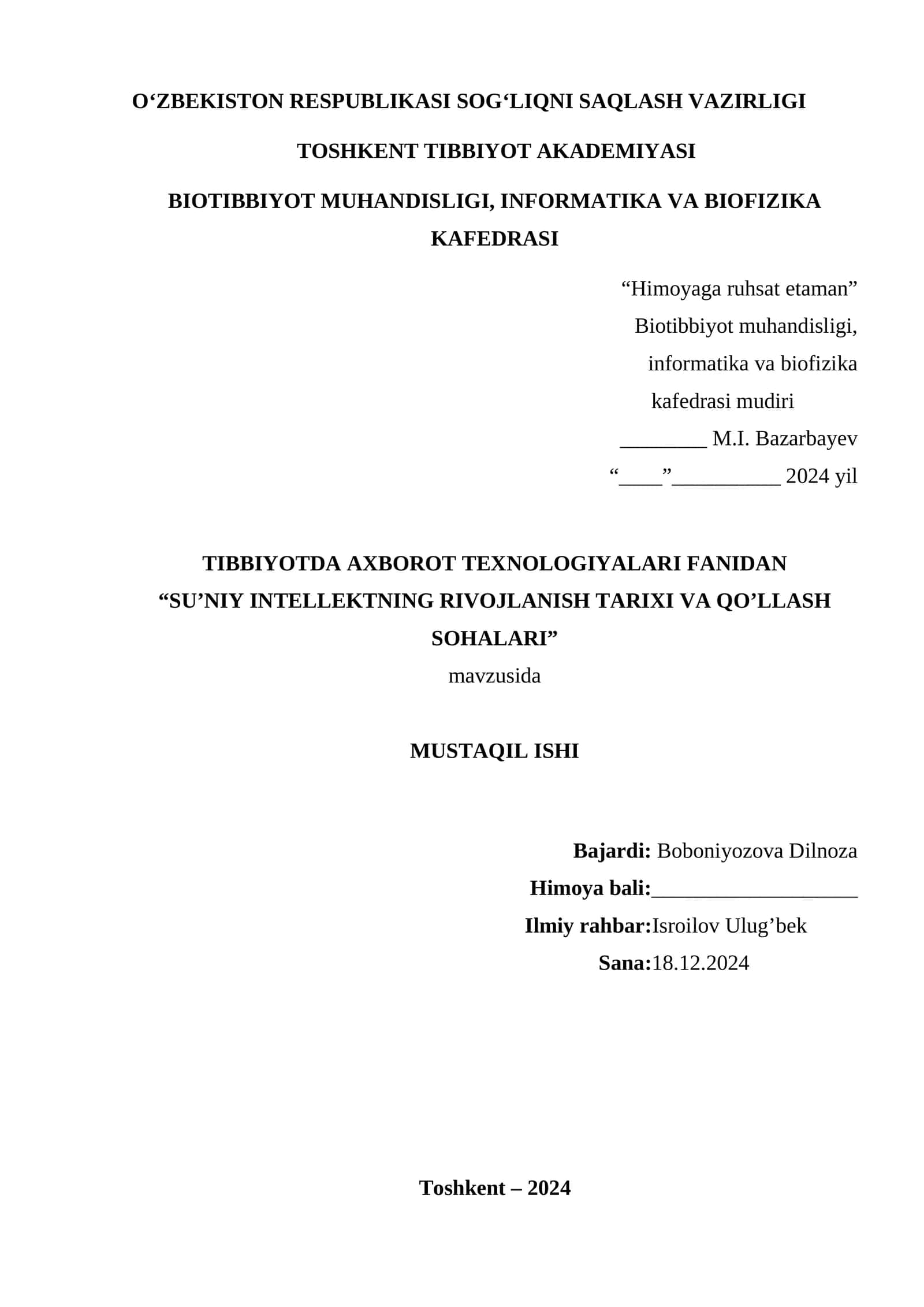 SU’NIY INTELLEKTNING RIVOJLANISH TARIXI VA QO’LLASH SOHALARI 1