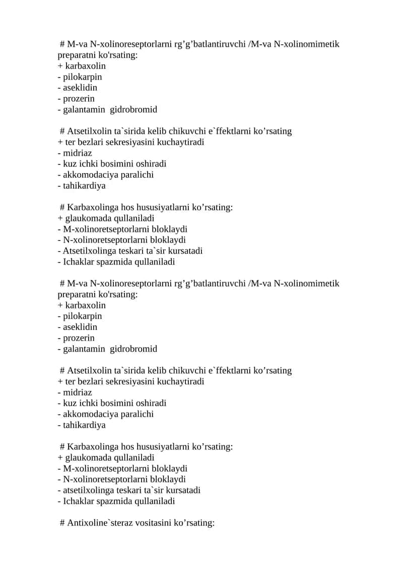 M-va N-xolinoreseptorlarni rg’g’batlantiruvchi /M-va N-xolinomimetik preparat 1