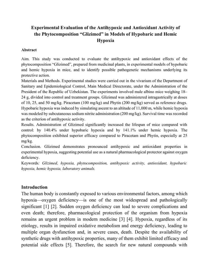 Hipobarik va gemik gipoksiya modellari sharoitida ‘Glizimed’ fitokompozitsiyasining antihipoksik va antioksidant faolligini tajribaviy baholash 1
