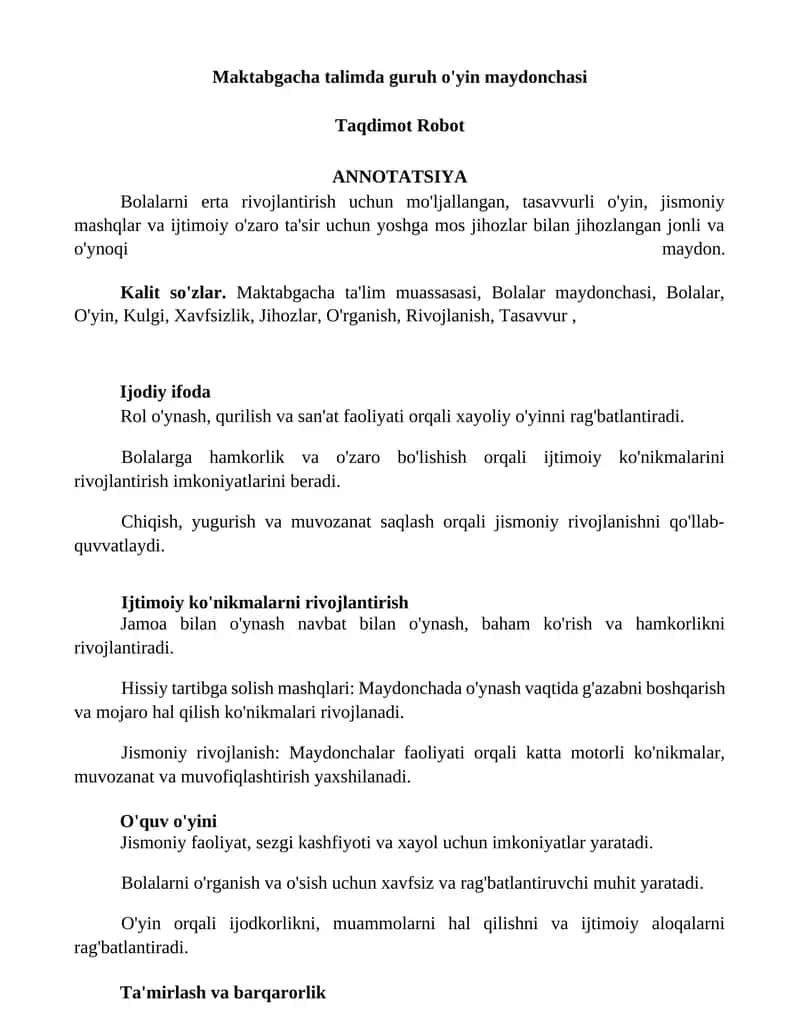 Maktabgacha talimda guruh o'yin maydonchasi 1