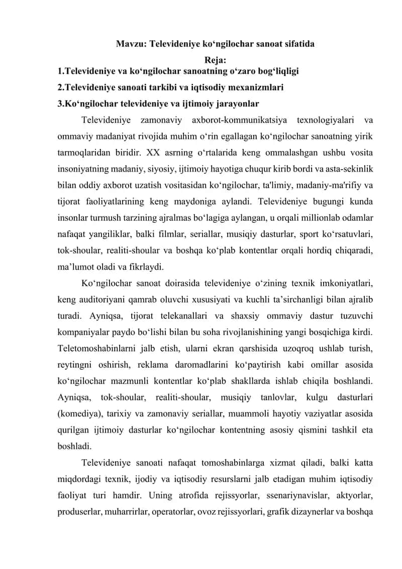 Televideniye ko‘ngilochar sanoat sifatida 1