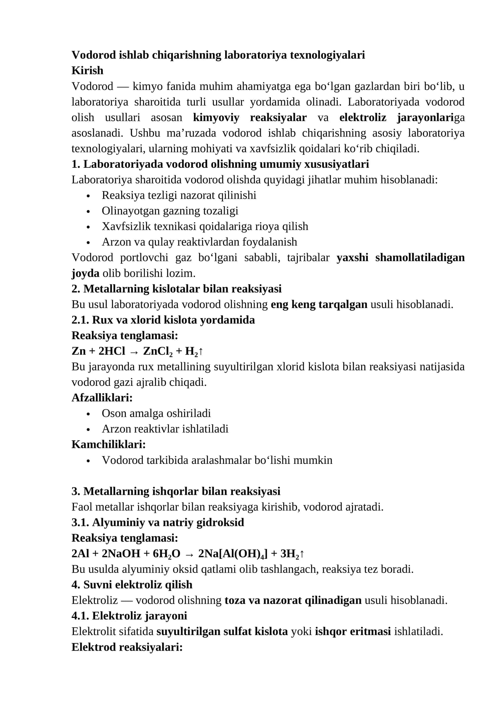 Vodorod ishlab chiqarishning laboratoriya texnologiyalari 1