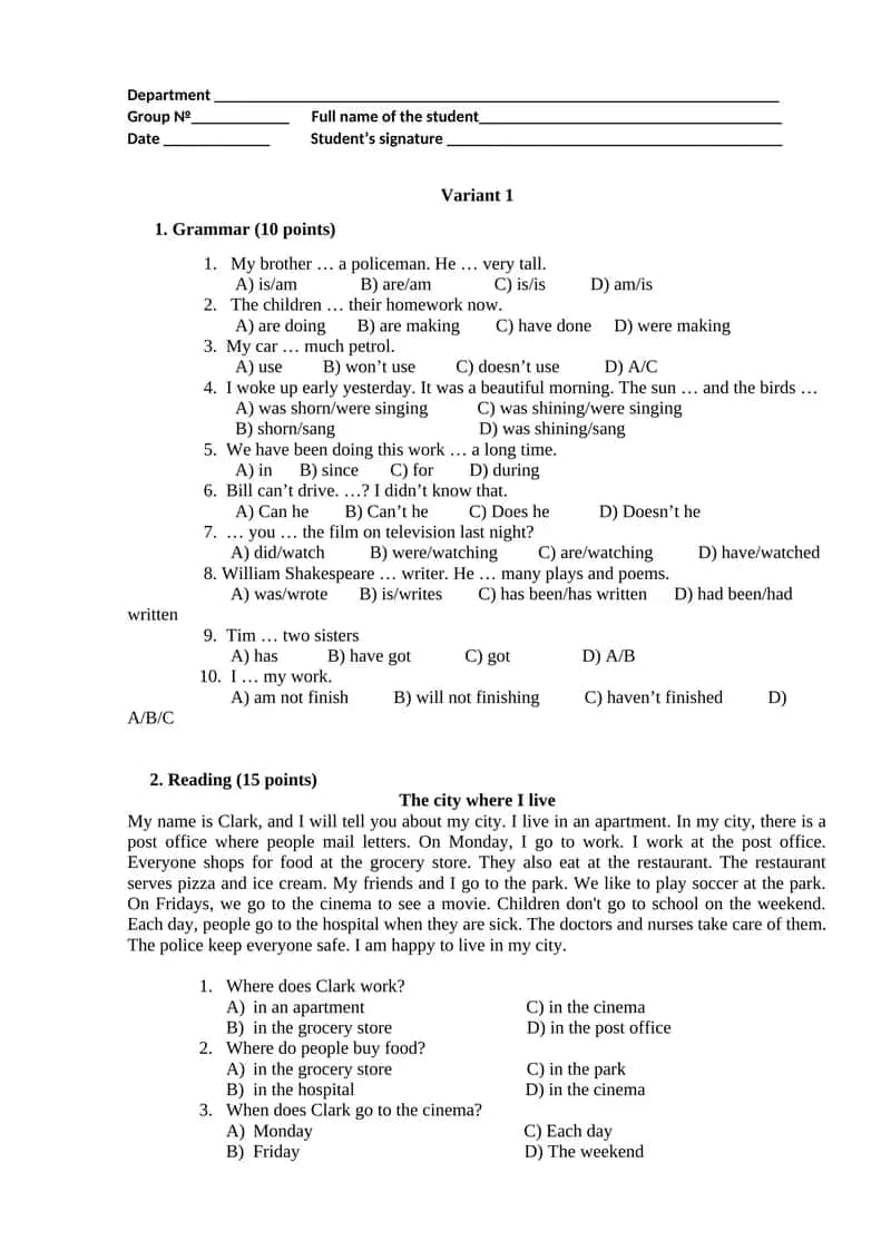 Variant 1 Grammar Questions 1