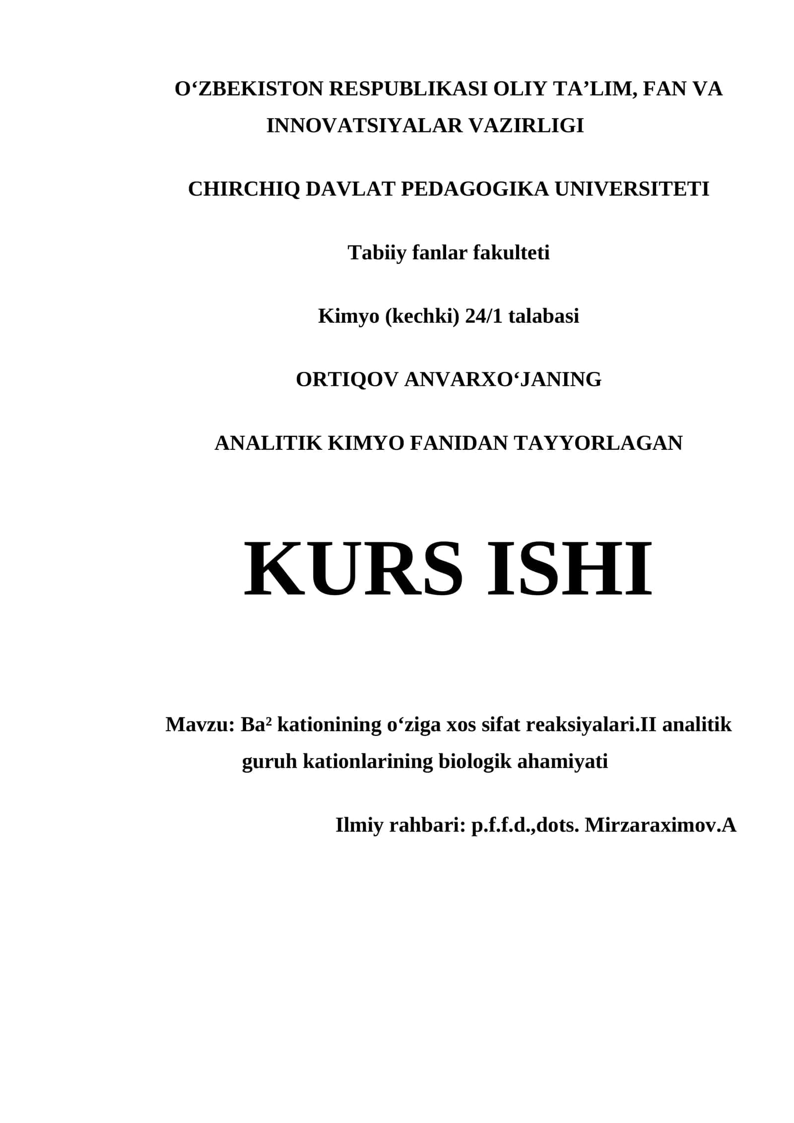 BA² KATIONINING O‘ZIGA XOS SIFAT REAKSIYALARI.II ANALITIK GURUH KATIONLARINING BIOLOGIK AHAMIYATI 1