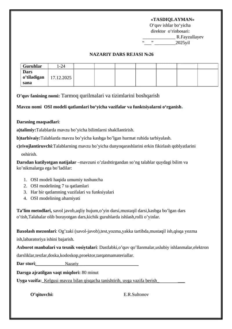 OSI modeli qatlamlari bo‘yicha vazifalar va funktsiyalarni o‘rganish 1
