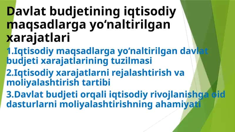 Davlat budjetining iqtisodiy maqsadlari gayo‘naltirilgan xarajatlari 1