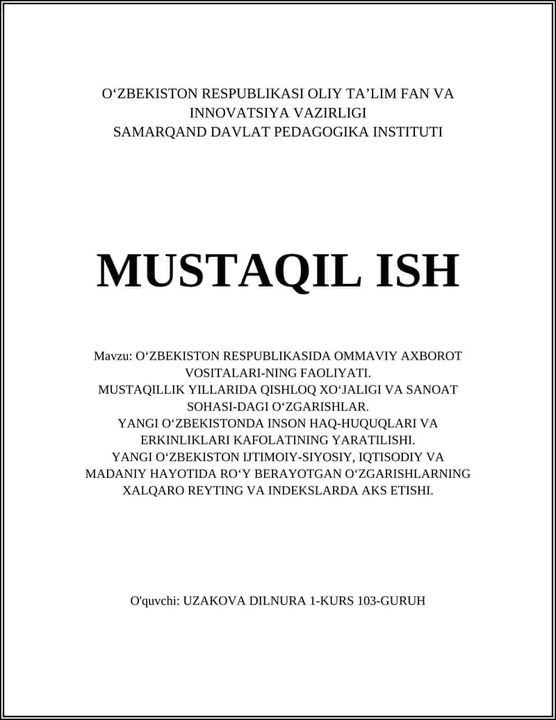 O‘ZBEKISTON RESPUBLIKASIDA OMMAVIY AXBOROT VOSITALARI-NING FAOLIYATI 1