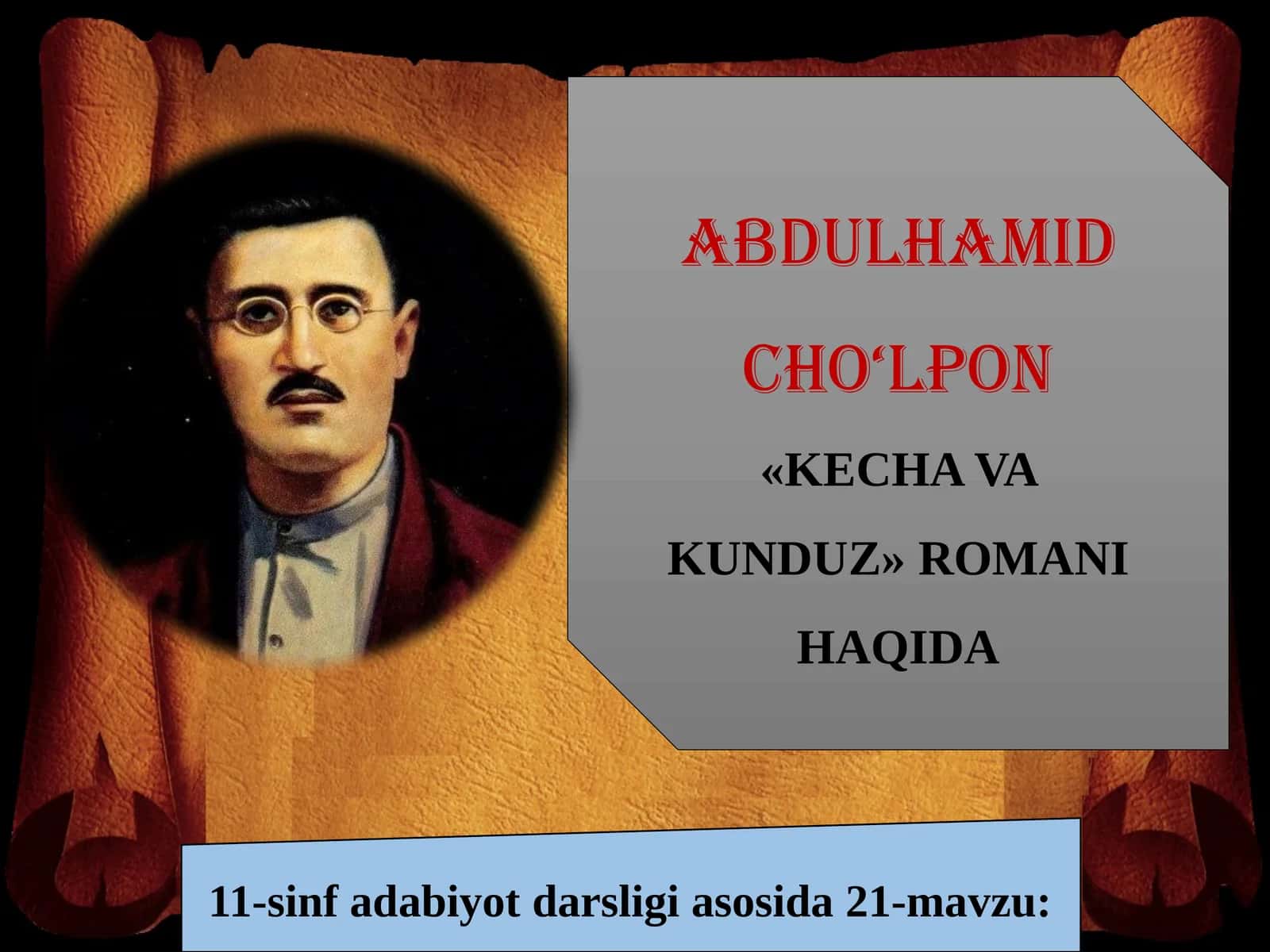 11-sinf Adabiyot fanidan Cho'lpon - Kecha va kunduz romani dars taqdimoti 1