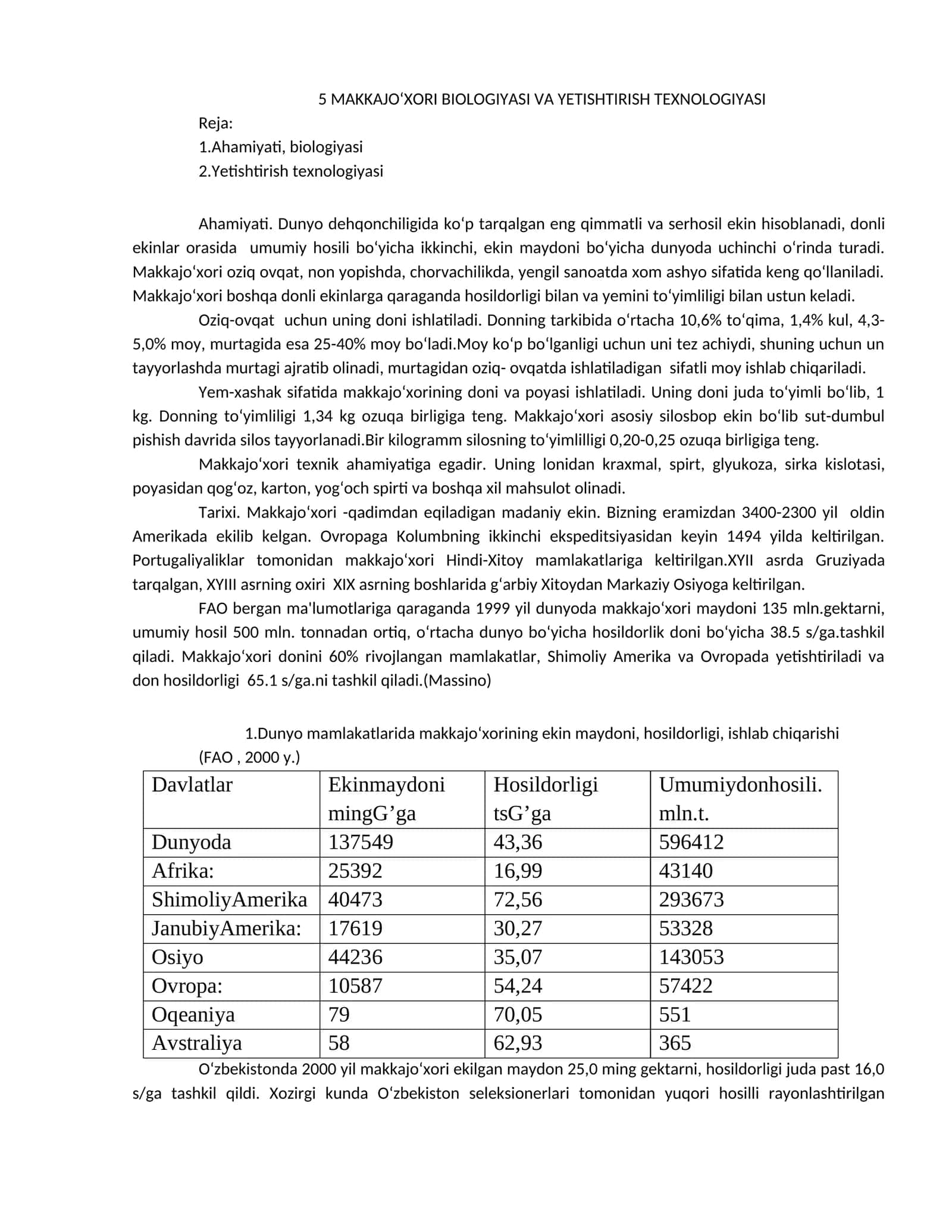 MAKKAJO‘XORI BIOLOGIYASI VA YETISHTIRISH TEXNOLOGIYASI 1