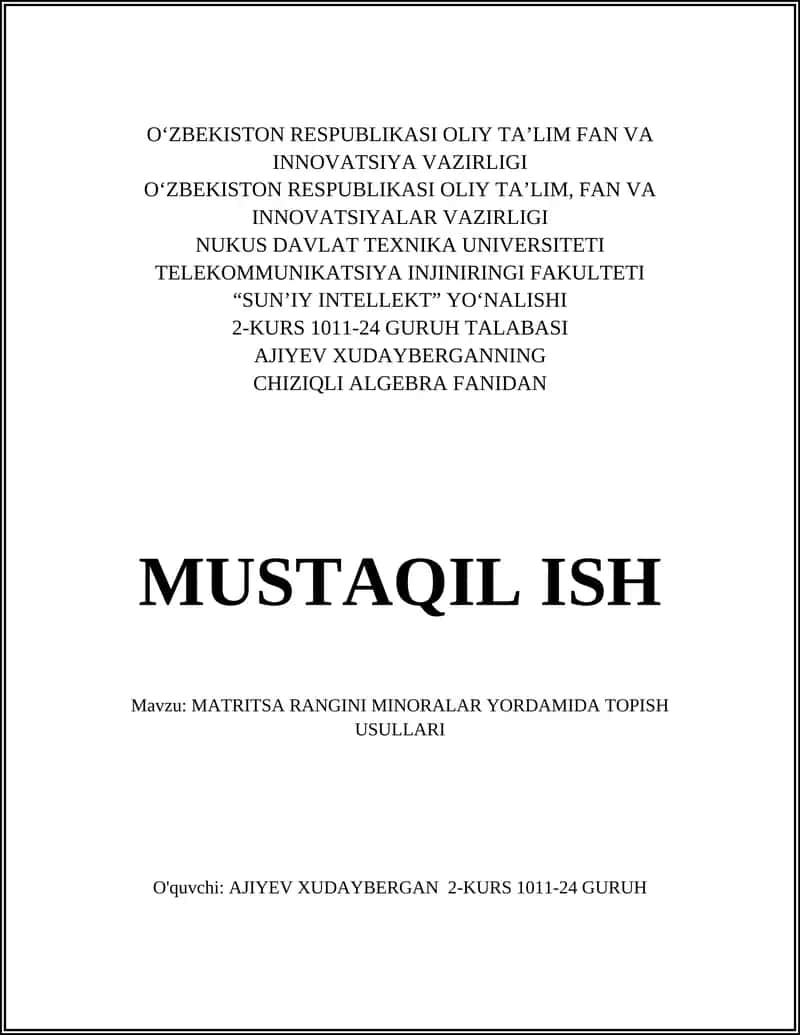 MATRITSA RANGINI MINORALAR YORDAMIDA TOPISH USULLARI 1