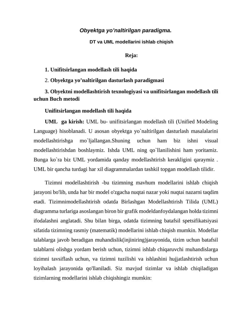 Obyektga yo’naltirilgan paradigma. DT va UML modellarini ishlab chiqish 1