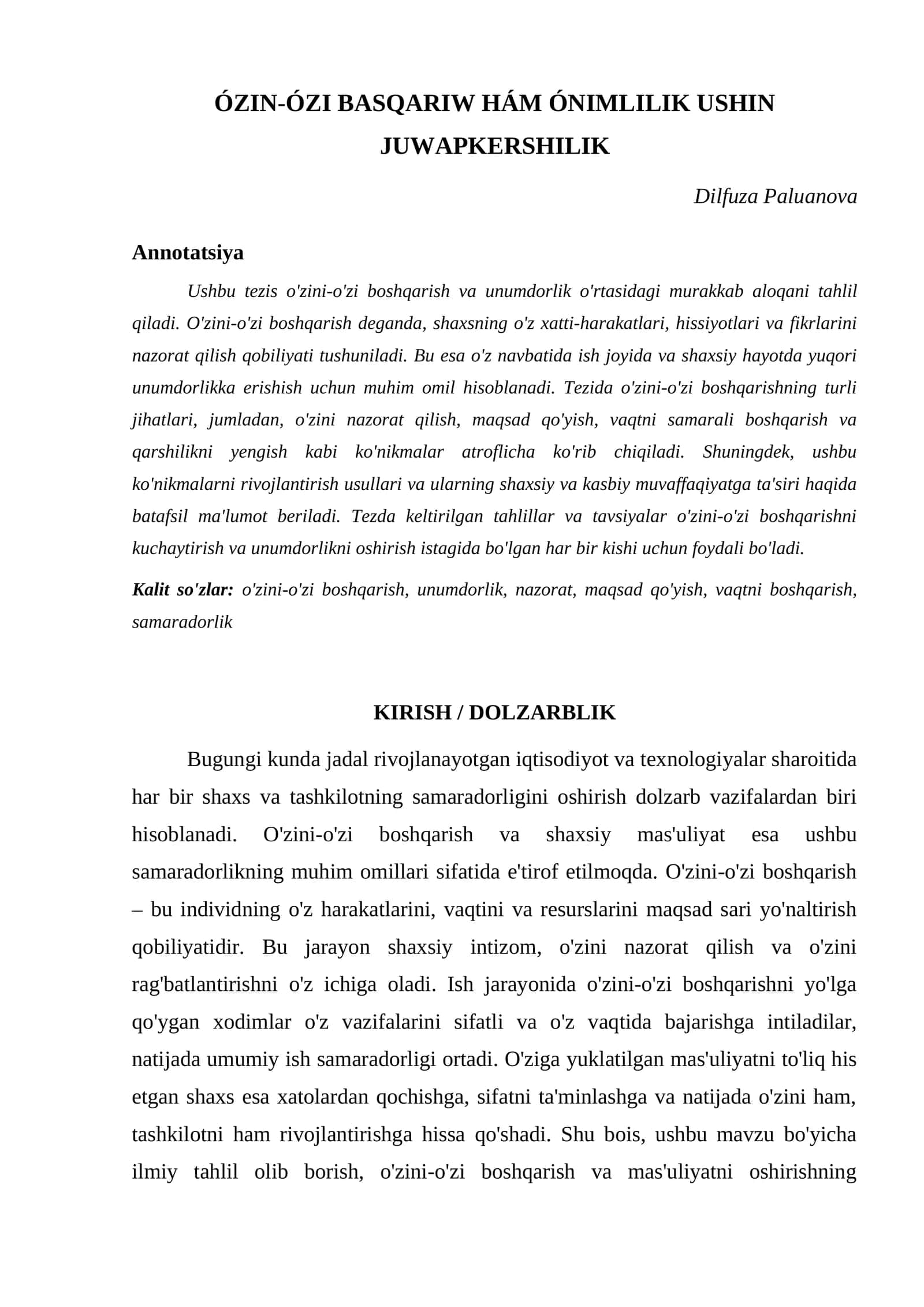 ÓZIN-ÓZI BASQARIW HÁM ÓNIMLILIK USHIN JUWAPKERSHILIK 1