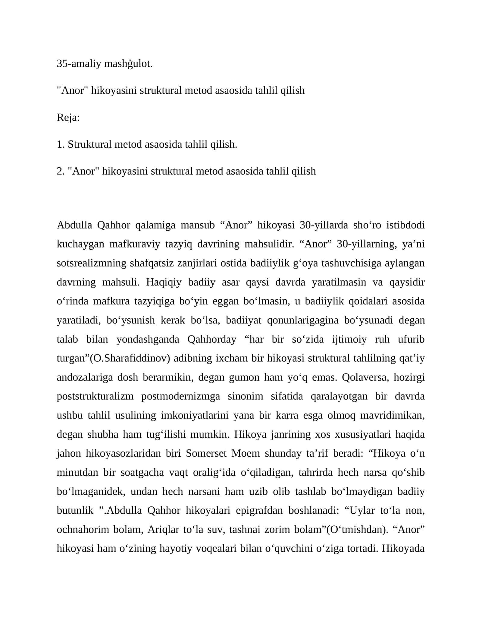 Abdulla Qahhor "Anor" hikoyasini tahlil qilish 1