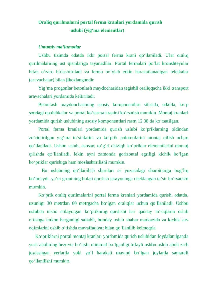 Oraliq qurilmalarni portal ferma kranlari yordamida qurish uslubi (yig‘ma elementlar) 1