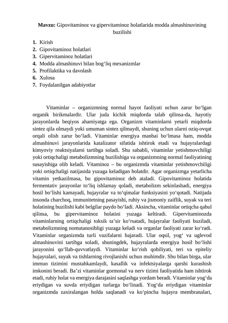 Gipovitaminoz va gipervitaminoz holatlarida modda almashinuvining buzilishi 1