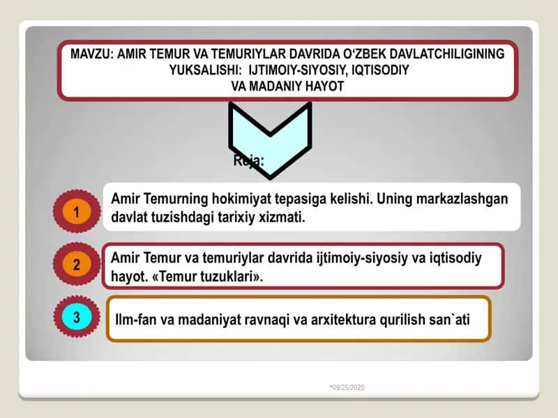 Amir Temur va Temuriylar davrida O‘zbek davlatchiligining yuksalishi: Ijtimoiy-siyosiy, iqtisodiy va madaniy hayot 1