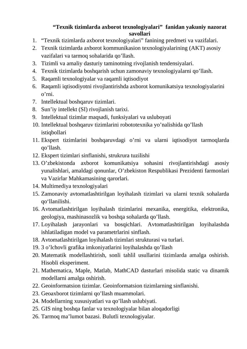 Texnik tizimlarda axborot texnologiyalari 1