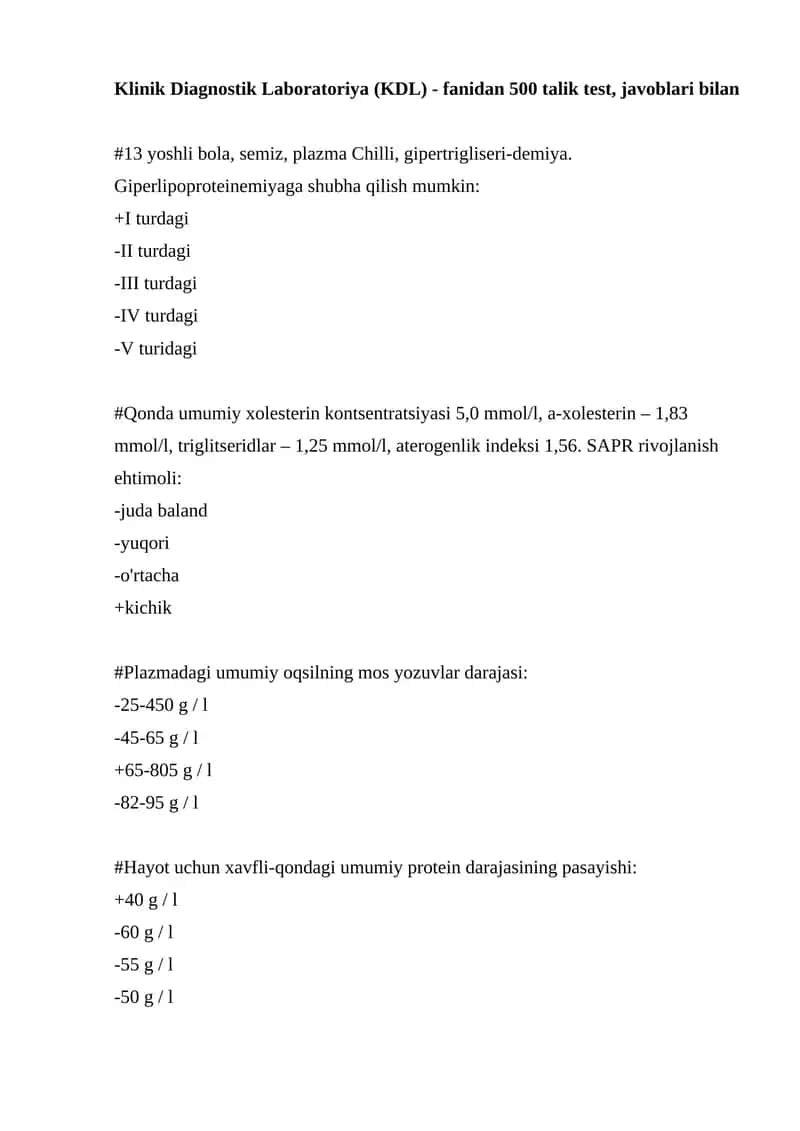 Klinik Diagnostik Laboratoriya (KDL) fanidan 500 talik test 1