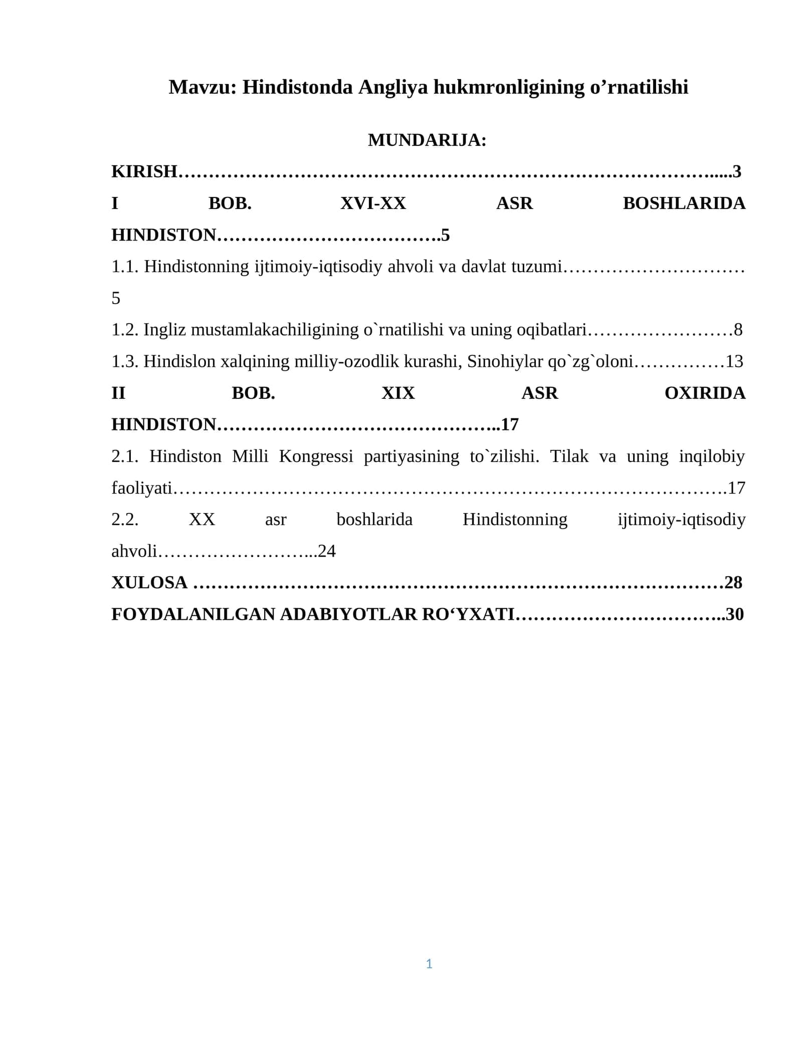 Hindistonda Angliya hukmronligining o’rnatilishi 1