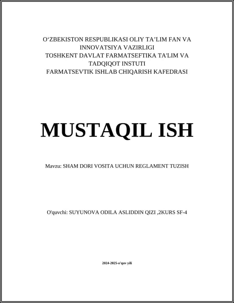 SHAM DORI VOSITA UCHUN REGLAMENT TUZISH 1