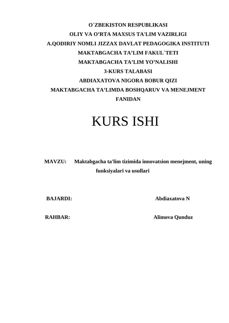 Maktabgacha ta'lim tizimida innovatsion menejment, uning funksiyalari va usullari 1