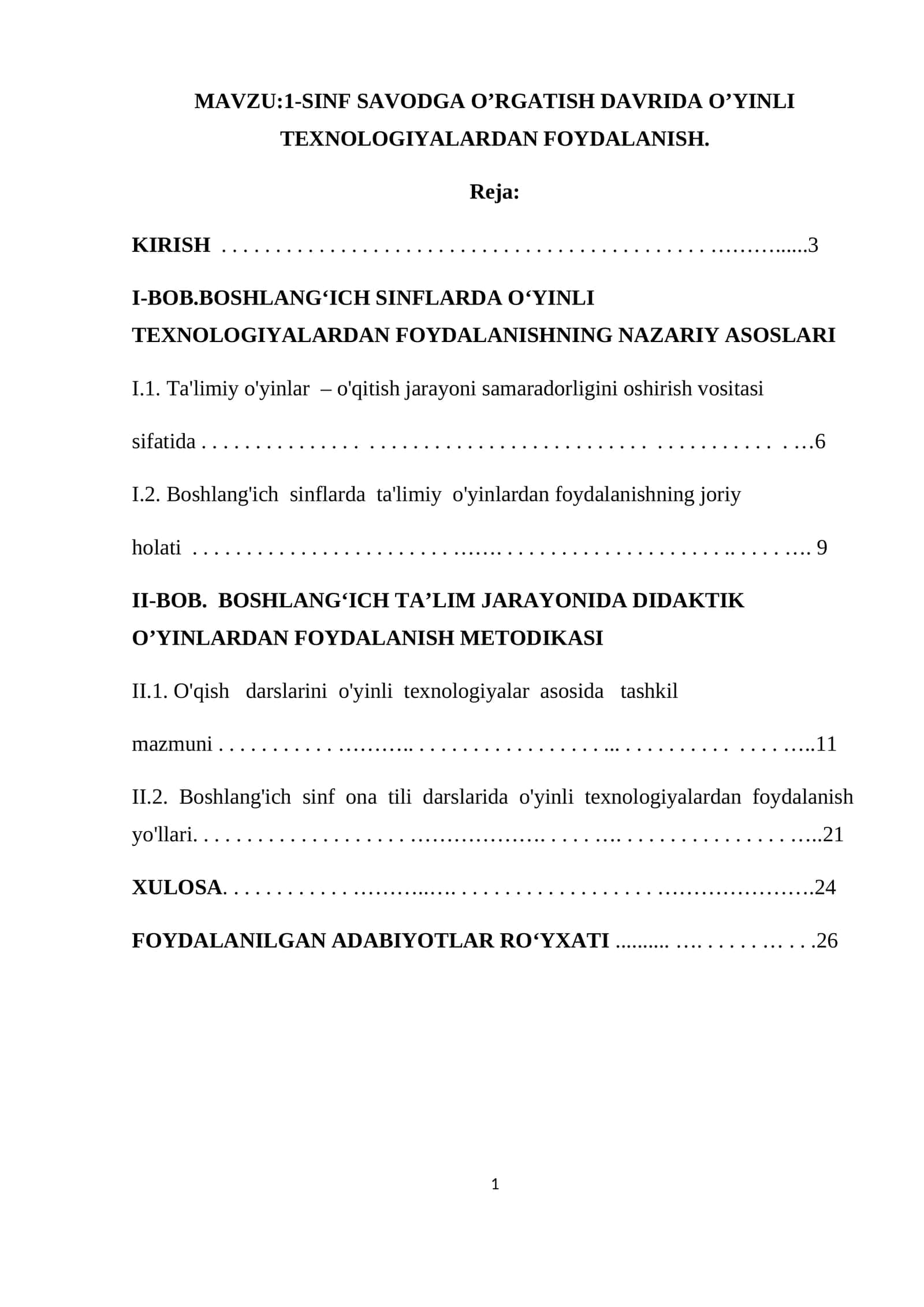 1-SINF SAVODGA O’RGATISH DAVRIDA O’YINLI TEXNOLOGIYALARDAN FOYDALANISH 1