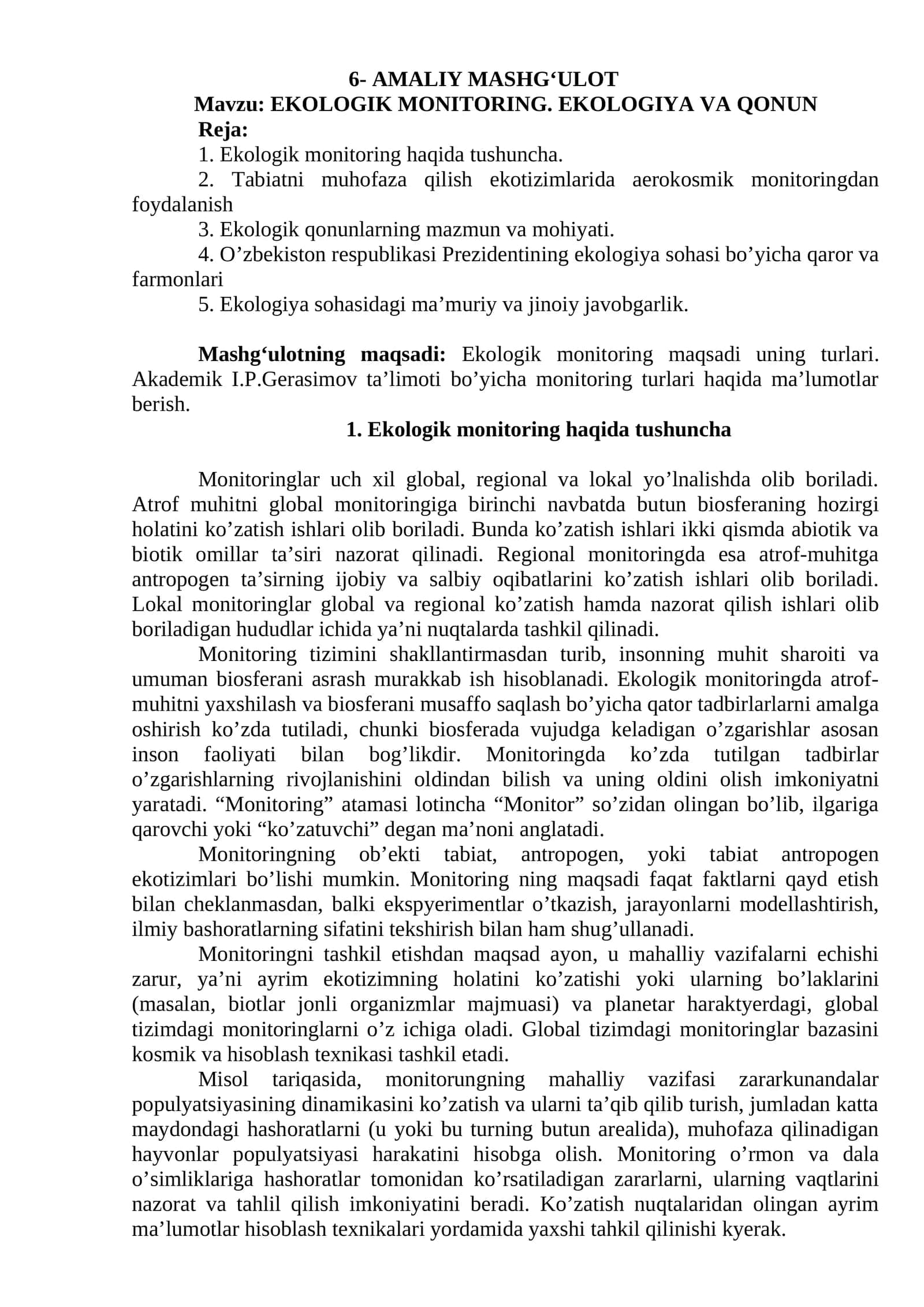 EKOLOGIK MONITORING. EKOLOGIYA VA QONUN 1