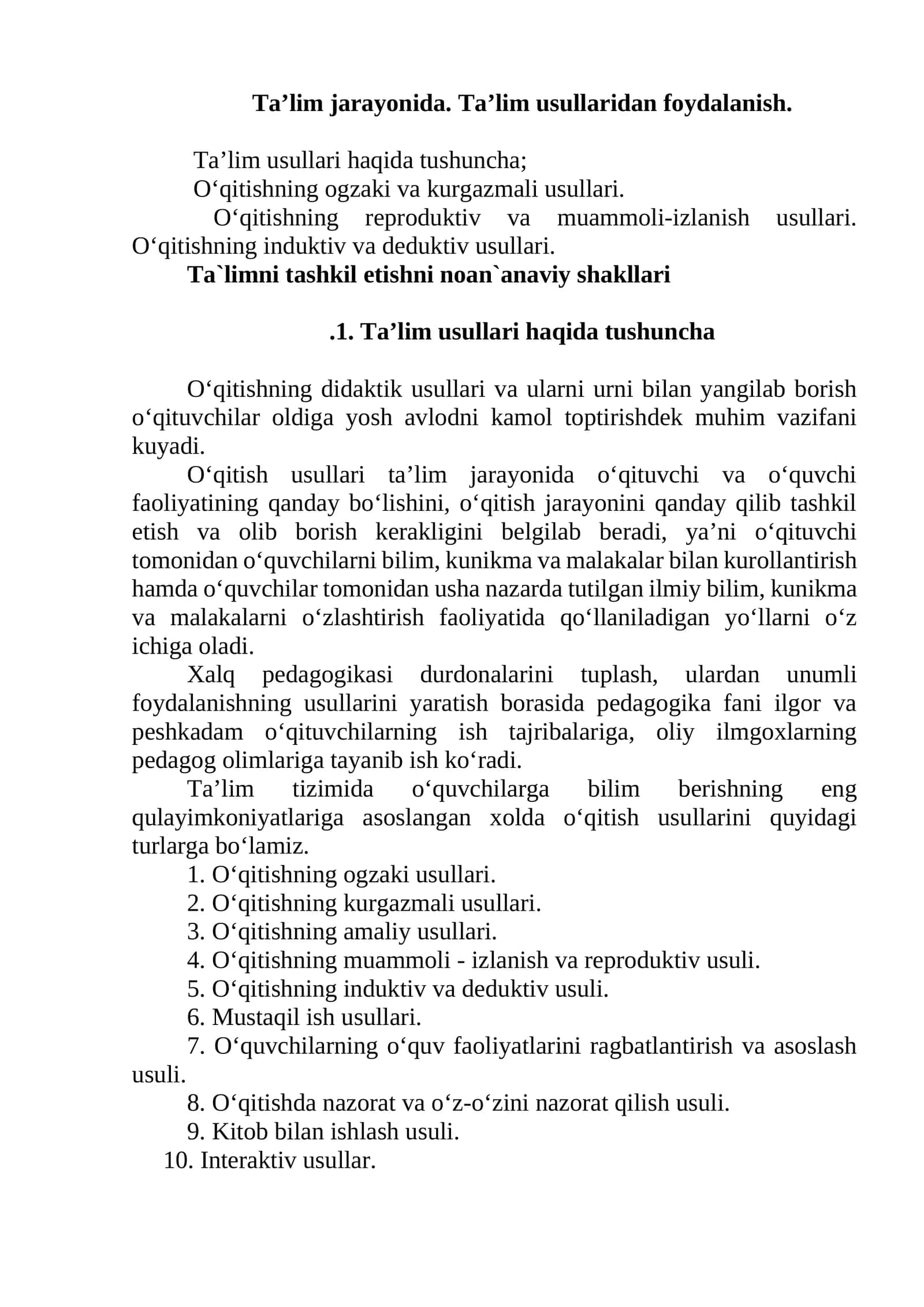 Ta’lim jarayonida. Ta’lim usullaridan foydalanish 1