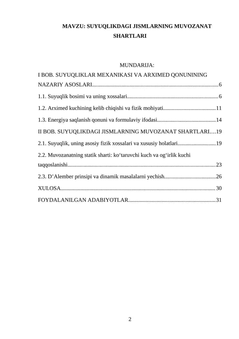 SUYUQLIKDAGI JISMLARNING MUVOZANAT SHARTLARI 1