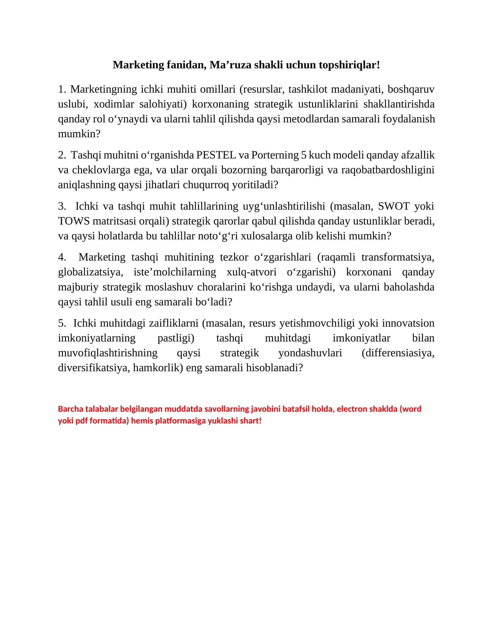 Marketing fanidan, Ma’ruza shakli uchun topshiriqlar! 1