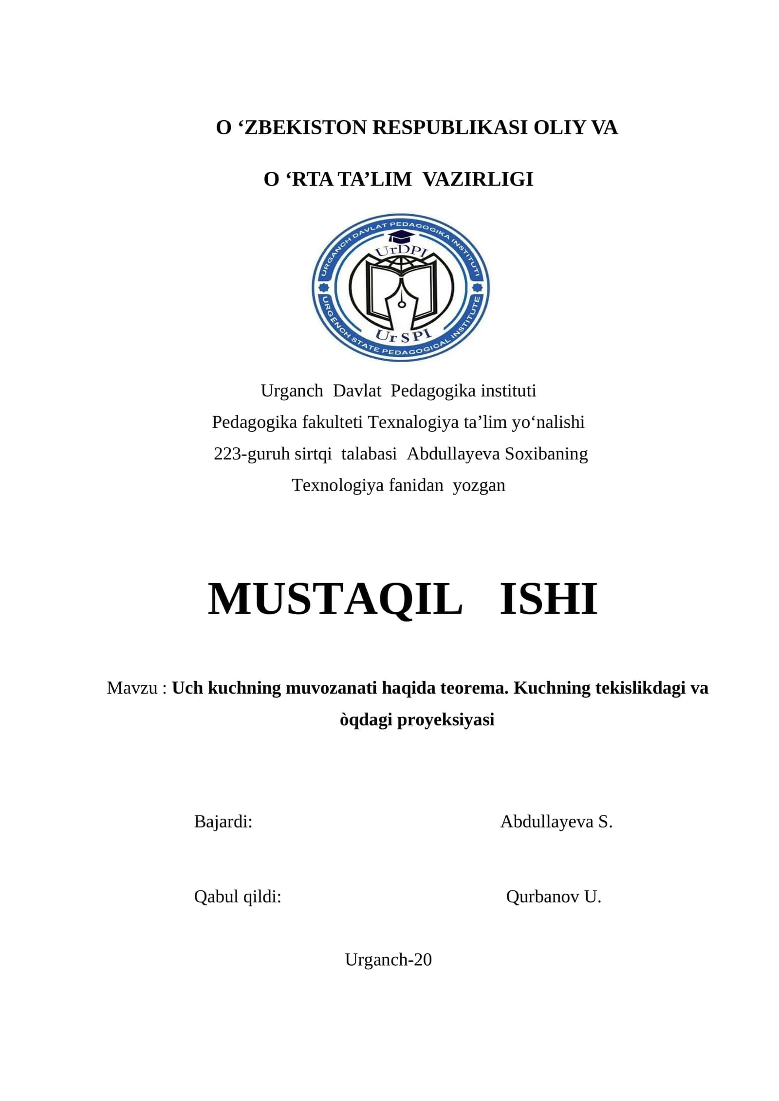 Uch kuchning muvozanati haqida teorema. Kuchning tekislikdagi va òqdagi proyeksiyasi 1