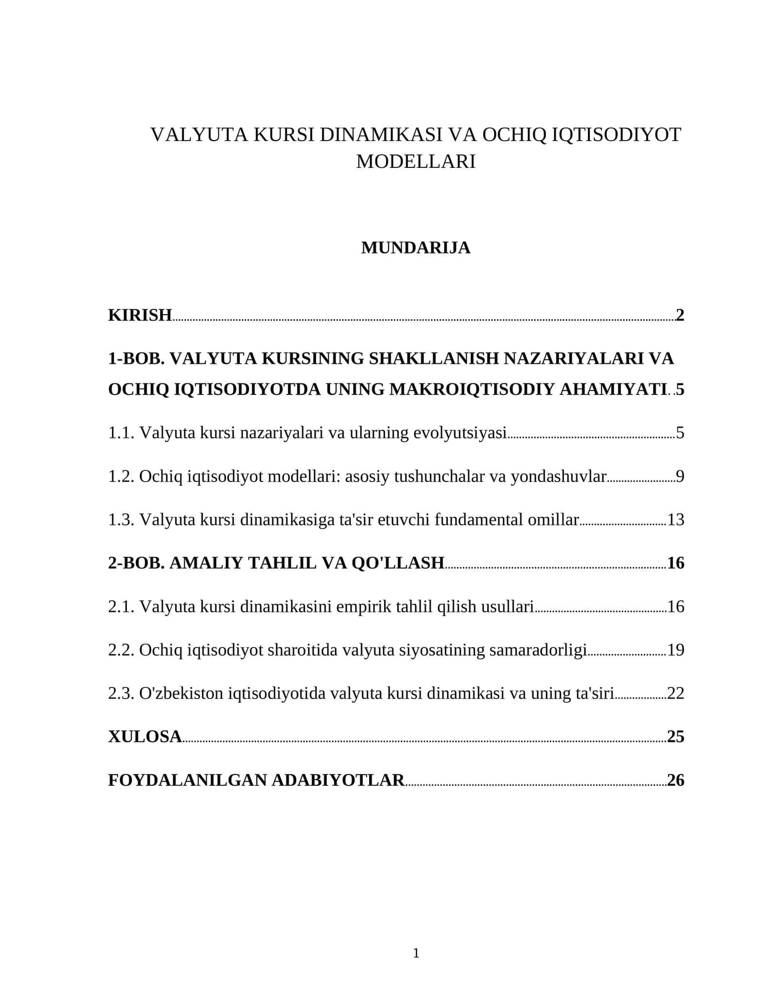 VALYUTA KURSI DINAMIKASI VA OCHIQ IQTISODIYOT MODELLARI 1