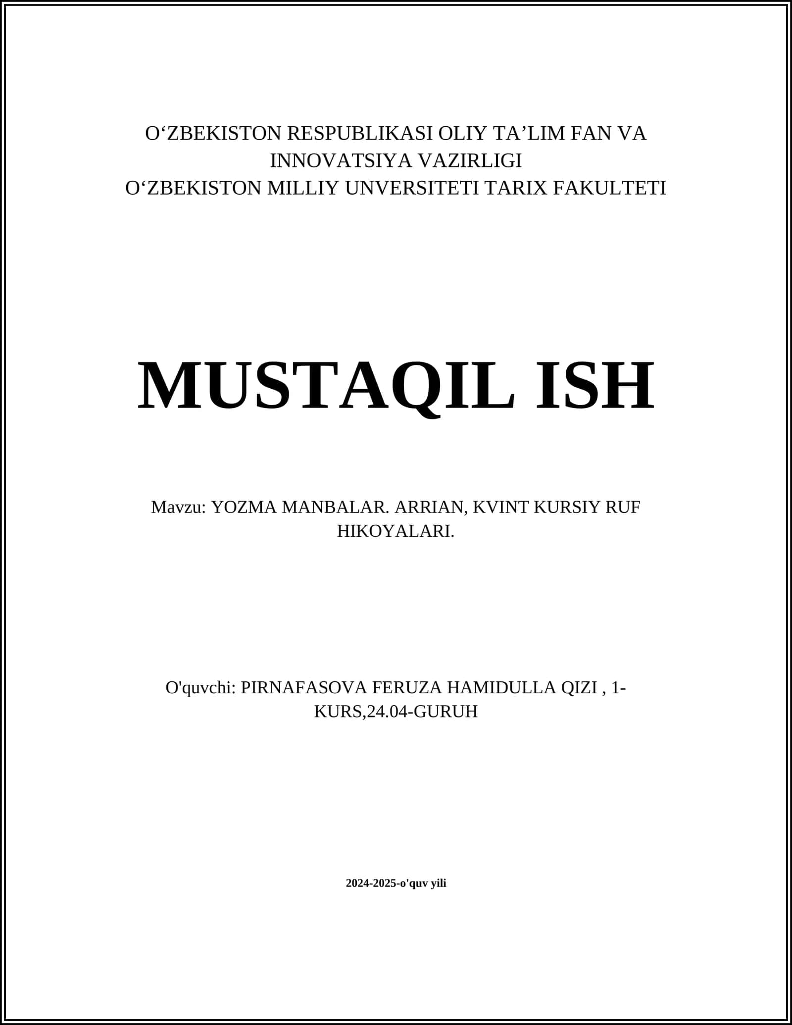 YOZMA MANBALAR. ARRIAN, KVINT KURSIY RUF HIKOYALARI 1