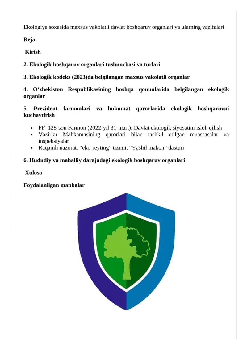 Ekologiya soxasida maxsus vakolatli davlat boshqaruv organlari va ularning vazifalari 1
