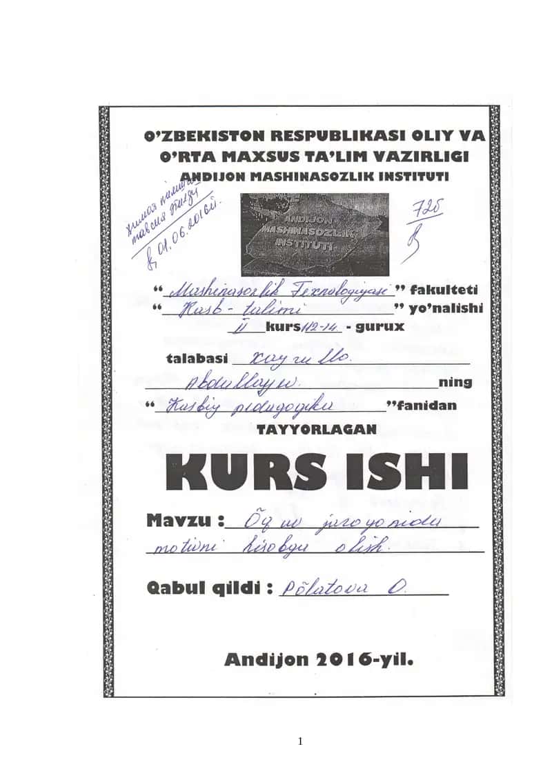 Kurs ishi: O’quv jarayonida motivni hisobga olish 1